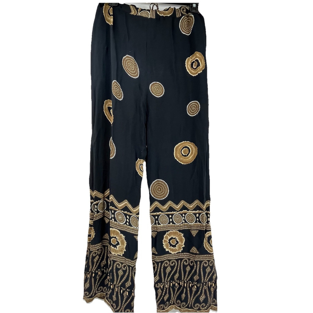 Caribbean Pacific Boho Wide Leg Pants Black Gold Beaded Rayon Size L - Picture 12 of 16